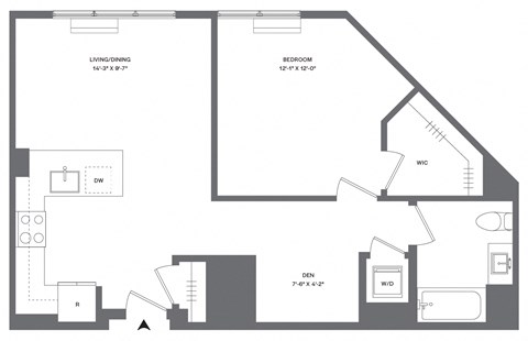 Floor plan for 1 bed, 1 bath, 764 sqft
